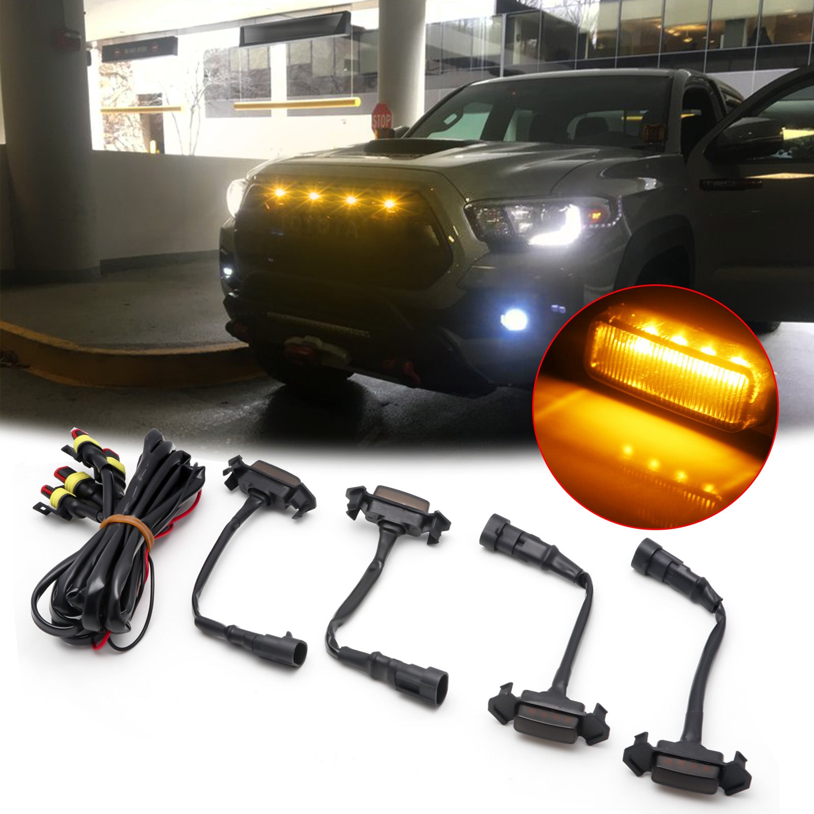 4-Piece Raptor Style Amber LED Grille Lights Kit – Fits Toyota Tacoma TRD Pro 2016-2021 – IP67 Waterproof, 5-Year Warranty
