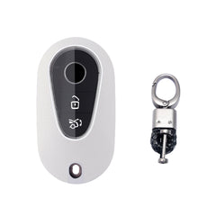 White TPU w/Leather Texture Full Protect Remote Key Fob w/Keychain For Mercedes S-Class 2020+