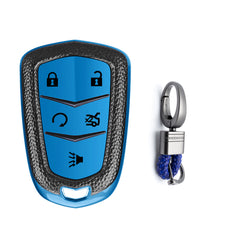 Xotic Tech Blue TPU w/ Printed 5-Button Key Fob Shell Cover Case w/Blue Keychain, Compatible with Cadillac CT6 XT5 CTS XTS SRX ATS HYQ2AB HYQ2EB Smart Keyless Entry Key