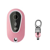 Pink TPU w/Leather Texture Full Protect Remote Key Fob w/Keychain For Mercedes S-Class 2020+