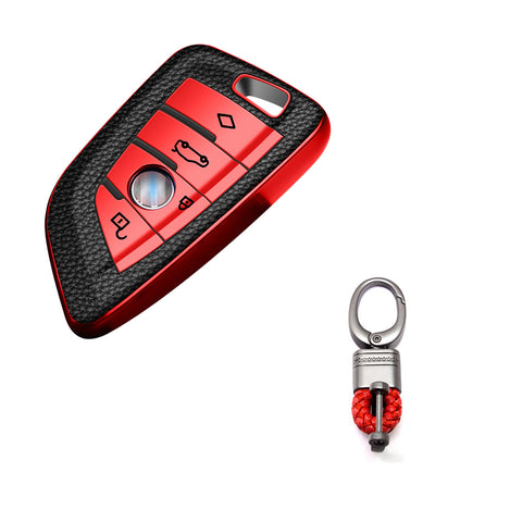For BMW X1 X3 X5 X6 X7 5 7 Series Red TPU Leather Key Shell Fob Case Cover w/Keychain