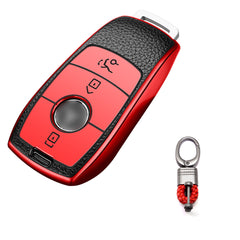 Red TPU Leather 3 Button Remote Key Fob w/Keychain For Mercedes-Benz E S-Class 2017 2018 up