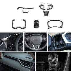Set Carbon Fiber Style Dashboard Side Air Vent Gear Shift Lever Water Cup Holder Steering Wheel Panel Accessories Cover Trim Combo Kit, Compatible with Toyota Rav4 2019-2024