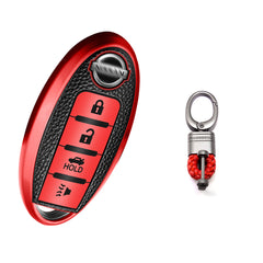 4 Buttons Remote Key Fob Shell TPU & Leather Full Protect Holder w/Keychain Red For Nissan