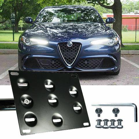 for Alfa Romeo Stelvio 2018 2019 Front Bumper Tow Hook License Plate - No Drill Black Mounting Bracket Adapter Kit
