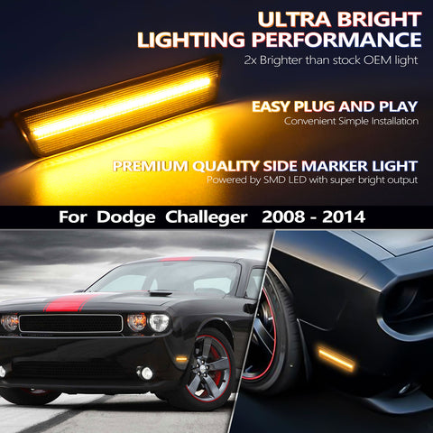Front Side Marker Light Compatible For Dodge Challenger 2008-2014 LED Amber Front Bumper Sidemarker Light Fender Parking Lamp Assemblies，Smoked Lens