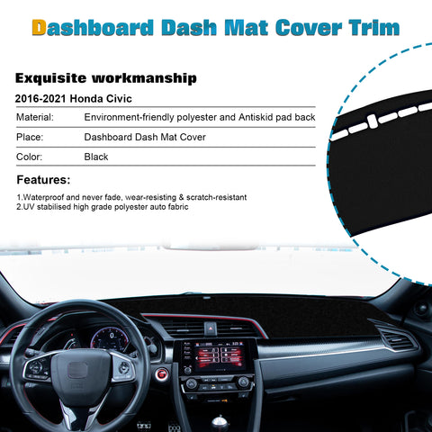Center Console Dashboard Mat Pre-cut Non-Slip Sunshield Sun Glare Protector Dash Carpet Pad Black Cover Compatible with Honda Civic 2016-2021