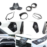 Set Carbon Fiber Style Exterior Front Grille Stripe Logo Ring Headlight Eyelid Fog Light Accessories Cover Trim Combo Kit, Compatible with Toyota Rav4 2019-2024