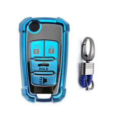 Xotic Tech Blue TPU w/ Printed 4-Button Key Fob Shell Cover Case w/ Blue Keychain, Compatible with Chevrolet Camaro Cruze Malibu, Buick Encore, GMC Terrain Smart Keyless Entry Key