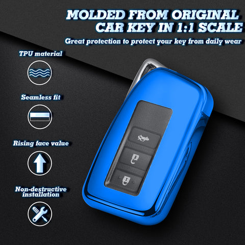 Xotic Tech Blue TPU Key Fob Shell Full Cover Case w/ Blue Keychain, Compatible with Lexus NX RX 250 GS IS RC 300 Smart Keyless Entry Key