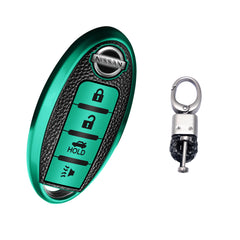 4 Buttons Remote Key Fob Shell TPU & Leather Full Protect Holder w/Keychain Green For Nissan