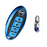 4 Buttons Remote Key Fob Shell TPU & Leather Full Protect Holder w/Keychain Blue For Nissan
