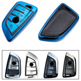 for BMW Key Fob Cover - Soft TPU Front + ABS Shell Back Blade Shape Key Case Pouch Key Protector for BMW X1 X5 X6 1 2 5 Series, Glossy Blue / Red / Silver