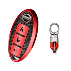 3 Button Red TPU Key Fob Cover Case Holder Protect w/ Keychain For Nissan Rogue Pathfinder