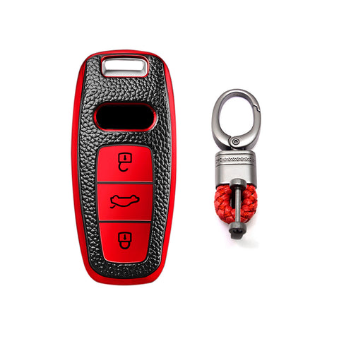 Xotic Tech Red TPU Grainy Leather Texture Key Fob Shell Cover Case w/ Keychain, Compatible with Audi A3 A6 A7 A8 E-Tron S3 S6 RS6 S7 RS7 Q7 SQ7 Q8 SQ8 3-Button Smart Keyless Entry Key