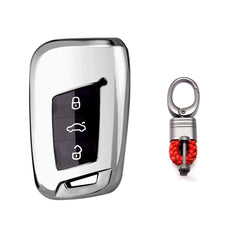 Xotic Tech Silver TPU Key Fob Shell Full Cover Case w/ Red Keychain, Compatible with Volkswagen Passat Arteon Atlas Jetta Skoda CC Golf 7 Tiguan MK2 Smart Keyless Entry Key