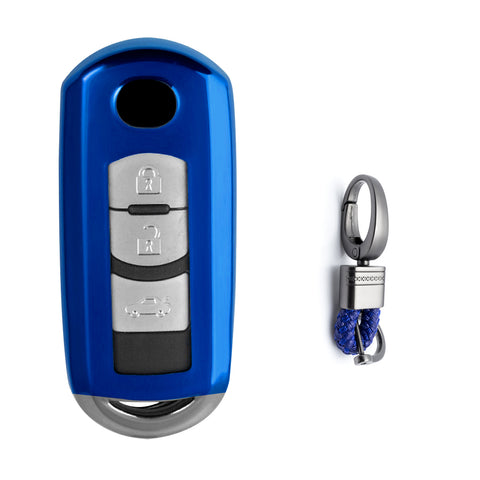 Xotic Tech Blue TPU Key Fob Shell Full Cover Case w/ Keychain, Compatible with Mazda 2 3 5 6 CX-3 CX-5 CX-7 CX-9 MX-5 Miata Smart Keyless Entry Key