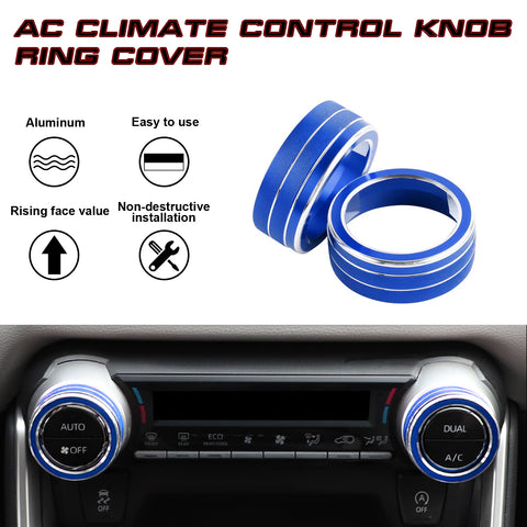 2PCS Blue Aluminum AC Climate Knob Ring Overlay Trim For Toyota RAV4 2019-2023