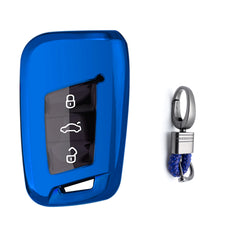Xotic Tech Blue TPU Key Fob Shell Full Cover Case w/ Red Keychain, Compatible with Volkswagen Passat Arteon Atlas Jetta Skoda CC Golf 7 Tiguan MK2 Smart Keyless Entry Key