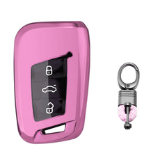 Xotic Tech Pink TPU Key Fob Shell Full Cover Case w/ Keychain, Compatible with Volkswagen Passat Arteon Atlas Jetta Skoda CC Golf 7 Tiguan MK2 Smart Keyless Entry Key
