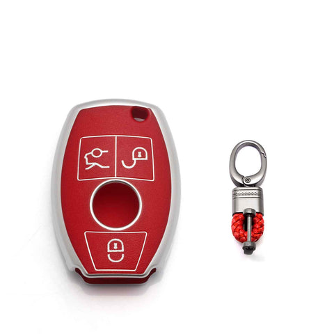 Key Fob Cover Case Shell Keyless Full Protect Red w/Keychain For Mercedes Benz 3 Button