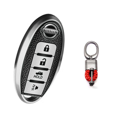 4 Buttons Remote Key Fob Shell TPU & Leather Full Protect Holder w/Keychain Silver For Nissan