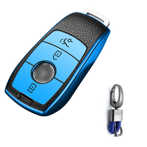 Blue TPU Leather 3 Button Remote Key Fob w/Keychain For Mercedes-Benz E S-Class 2017 2018 up