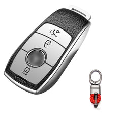 Silver TPU Leather 3 Button Remote Key Fob w/Keychain For Mercedes-Benz E S-Class 2017 2018 up