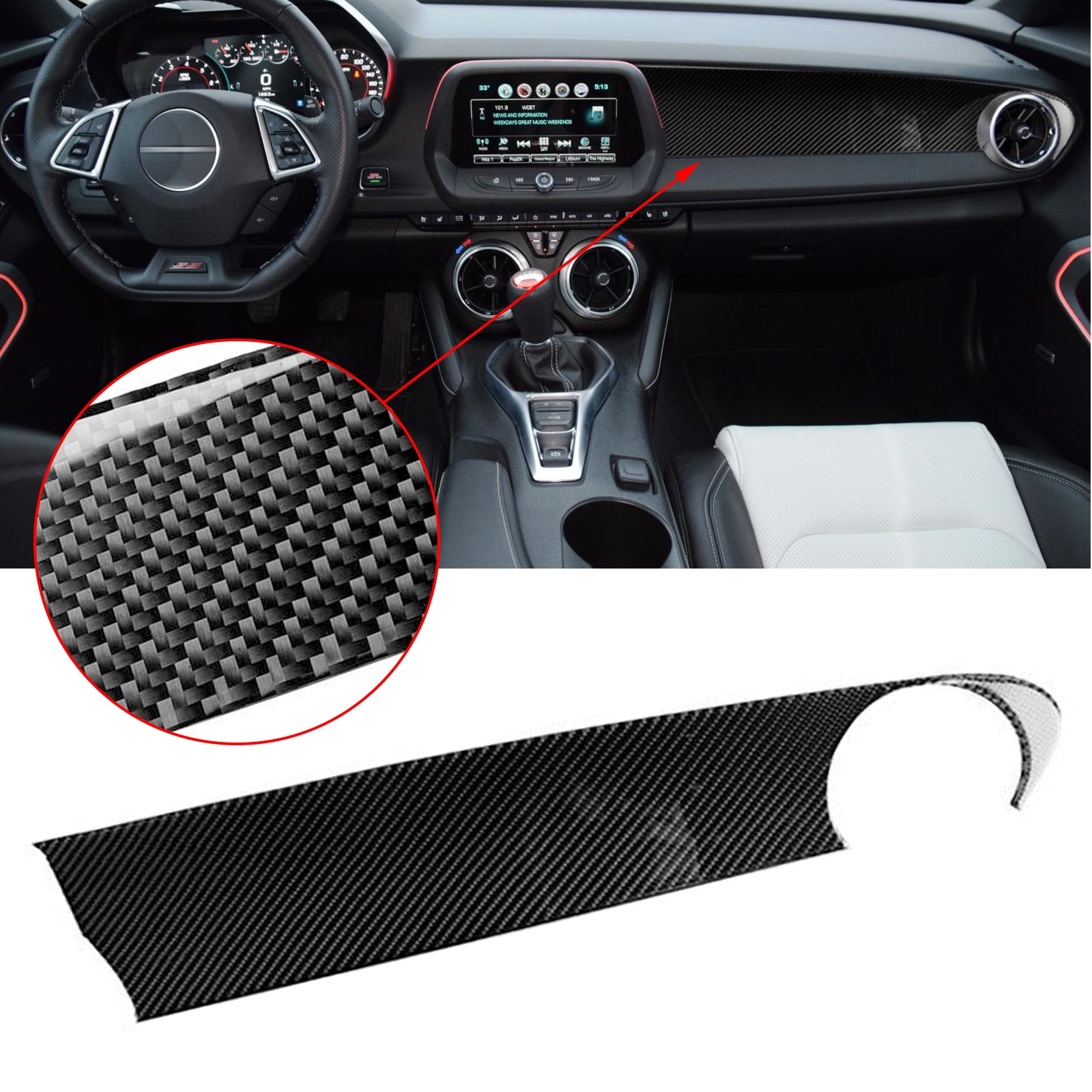 Carbon Fiber Dashboard Copilot Panel Trim Cover For Chevrolet Camaro 2017-2019 - Black