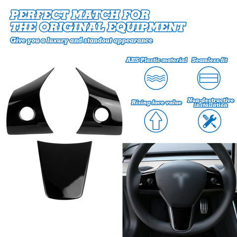 Gloss Black Steering Wheel Molding Cover Kit For Tesla Model 3 2017-2023 & Model Y 2020-up