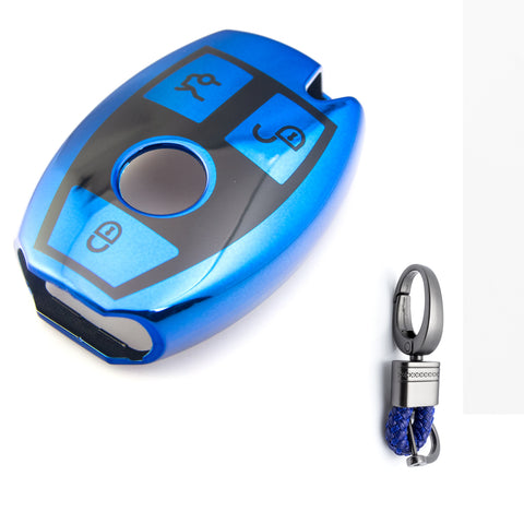 Blue TPU Full Protect Smart Key Cover Case w/Keychain For Mercedes A B C E S M CLS CLK
