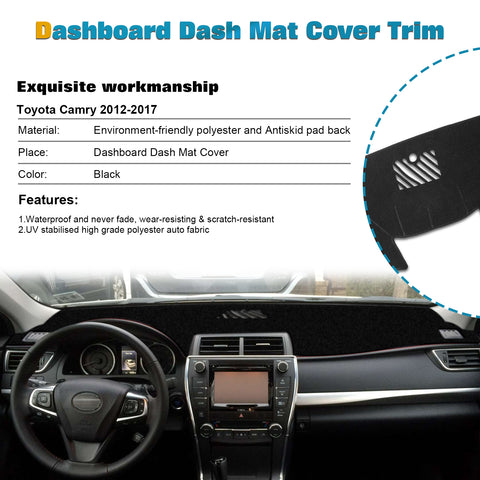 Center Console Dashboard Mat Pre-cut Non-Slip Sunshield Sun Glare Protector Dash Carpet Pad Black Cover Compatible with Toyota Camry 2012-2017