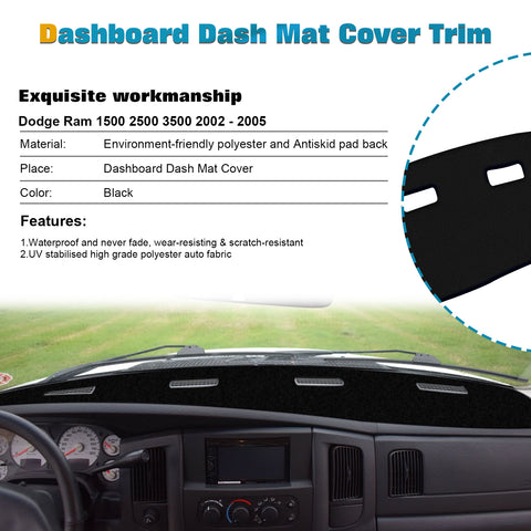 Center Console Dashboard Mat Pre-cut Non-Slip Sunshield Sun Glare Protector Dash Carpet Pad Black Cover Compatible with Dodge Ram 1500 2500 3500 2002-2005