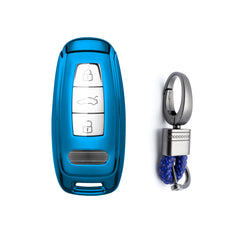 Xotic Tech Blue TPU Key Fob Shell Full Cover Case w/ Blue Keychain, Compatible with Audi A6 C6 C5 A3 A4 B6 B7 B9 B8 A5 A2 Q5L Q3 A1 S3 A4L Q7 A5 A7 A8 Q5 R8 TT S5 S6 S7 S8 Smart Keyless Entry Key