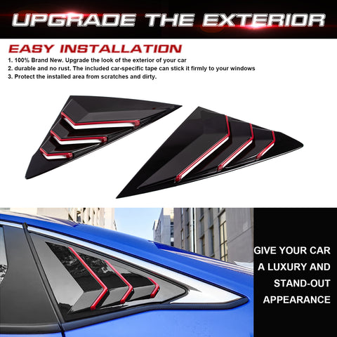 2X Side Air Vent Window Louver Glossy Black w/Red ABS Cover For Honda Civic 2022