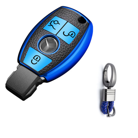 Full Protection Blue Smart Key Fob Cover Case Shell w/Keychain For Mercedes Benz 3 Button