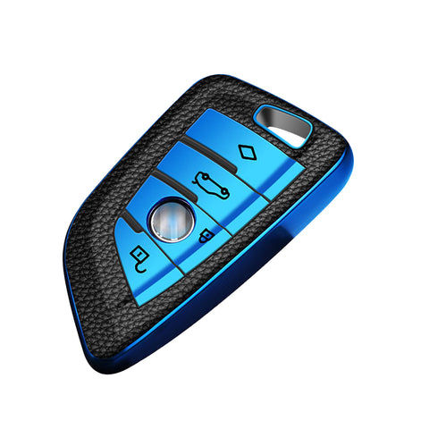 For BMW X1 X3 X5 X6 X7 5 7 Series Blue TPU Leather Key Shell Fob Case Cover w/Keychain