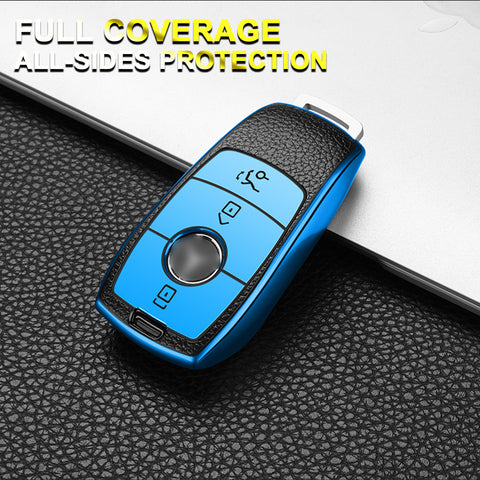 Soft TPU Leather Full Protection Smart Remote Key Fob Cover Case Holder Compatible with Mercedes E S Class 3 Button,Blue