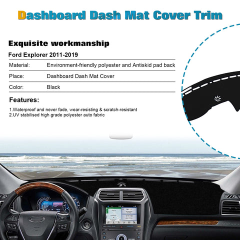 Center Console Dashboard Mat Pre-cut Non-Slip Sunshield Sun Glare Protector Dash Carpet Pad Black Cover Compatible with Ford Explorer 2011-2019