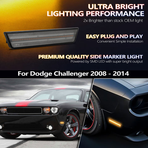 Front Side Marker Light Compatible For Dodge Challenger 2008-2014 LED Amber Front Bumper Sidemarker Light Fender Parking Lamp Assemblies，Smoked Lens