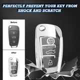 Soft TPU Flip Remote Key Fob Case Cover for Audi A1 A3 A4 A5 A6 Q2 Q3 Q7 TT S3 R8 3-Buttons Flip Key, Silver