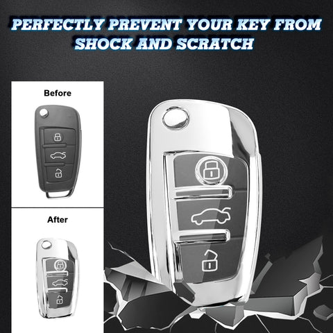 Soft TPU Flip Remote Key Fob Case Cover for Audi A1 A3 A4 A5 A6 Q2 Q3 Q7 TT S3 R8 3-Buttons Flip Key, Silver