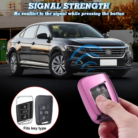 Xotic Tech Pink TPU Key Fob Shell Full Cover Case w/ Keychain, Compatible with Volkswagen Passat Arteon Atlas Jetta Skoda CC Golf 7 Tiguan MK2 Smart Keyless Entry Key