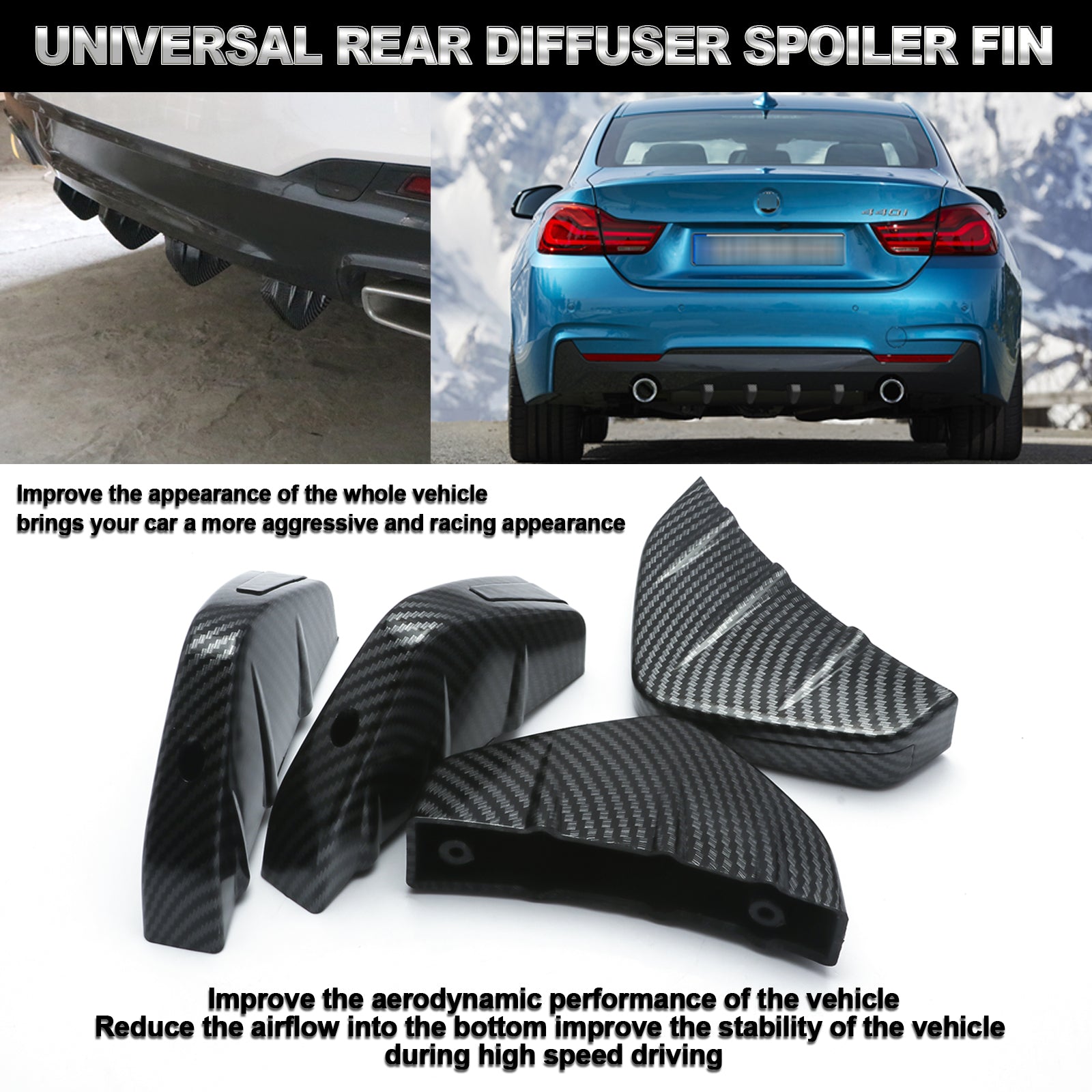 Car Rear Lower Bumper Wing Lip Diffuser Splitter Spoiler 4 PCS