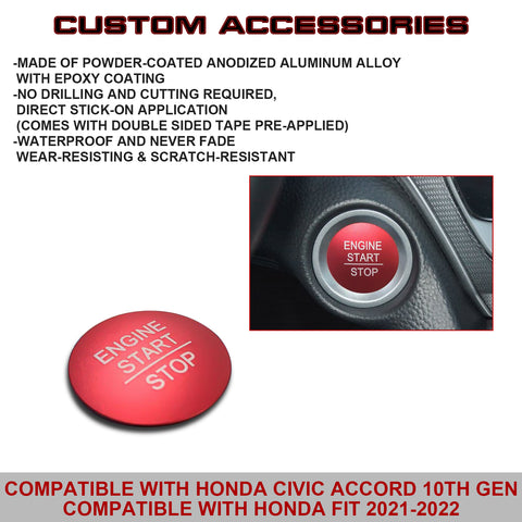 Red Aluminum Start/Stop Engine Button Cover Trim For 10th Gen Honda Accord Civic