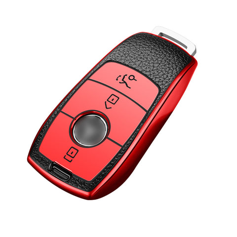 Smart Key Fob Cover Case Holder Soft TPU Leather Full Protection Remote Key Cover Compatible with Mercedes E S Class 3 Button, Red
