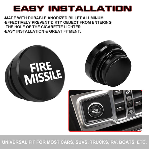 FIRE Missile Cigarette Lighter Push Button Plug Replacement Cover, Aluminum Black, Fit Cars Trucks SUVs with 12V Power Source