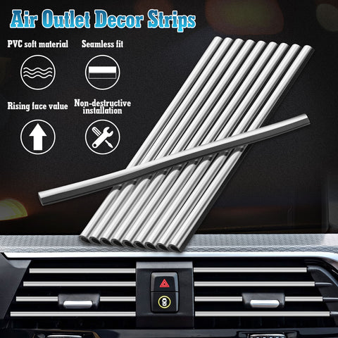 10pcs Car Accessories Interior Soft PVC AC Air Conditioner Outlet Overlay Strip Decoration Cover Trim Kit Universal Fit, Silver