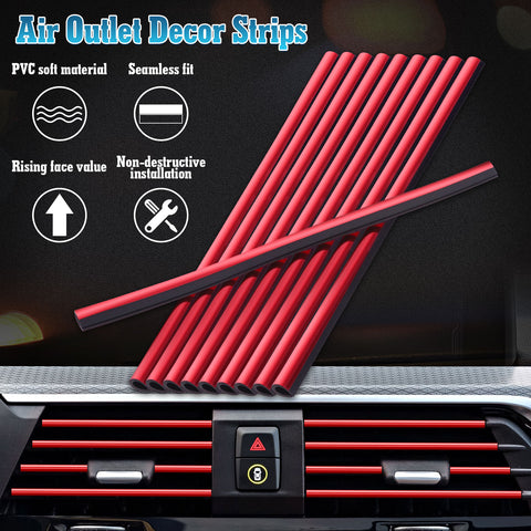 10pcs Car Accessories Interior Soft PVC AC Air Conditioner Outlet Overlay Strip Decoration Cover Trim Kit Universal Fit, Red