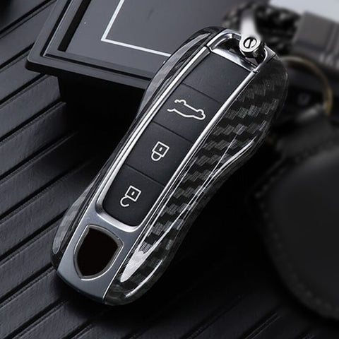 Carbon Fiber Texture Key Fob Case Cover w/Keychain For Porsche Panamera 17+, Cayenne 2018+